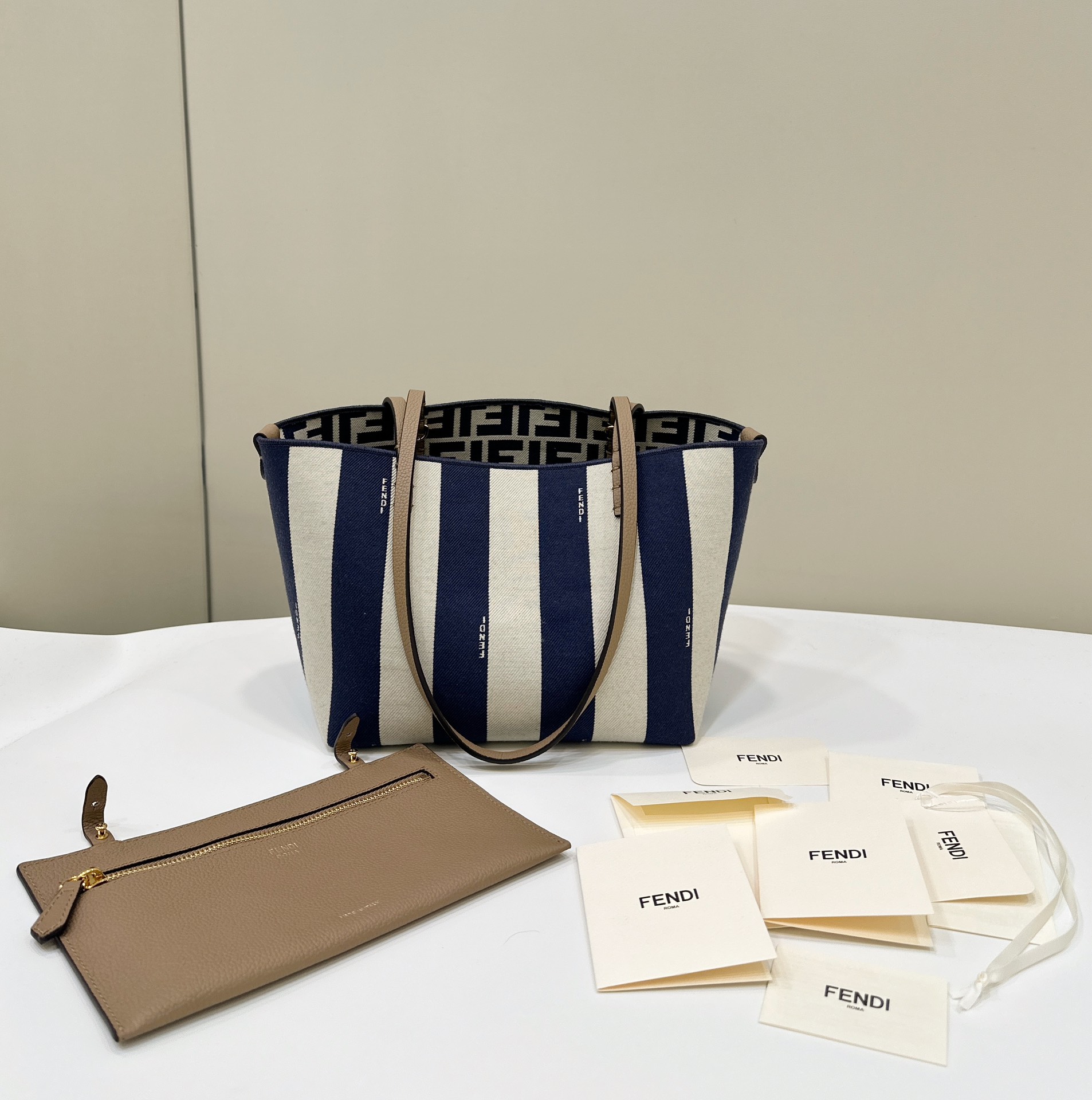 Fendi Small Roll Reversible Shopper Bag in Pequin Striped and Midnight Blue FF Fabric